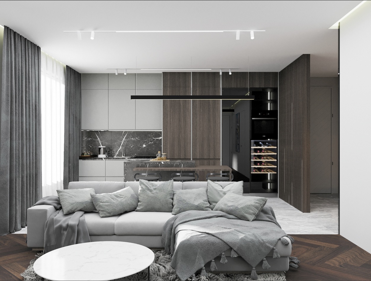 Magnesite apartment interior, modern apartment design, 3D visualisation