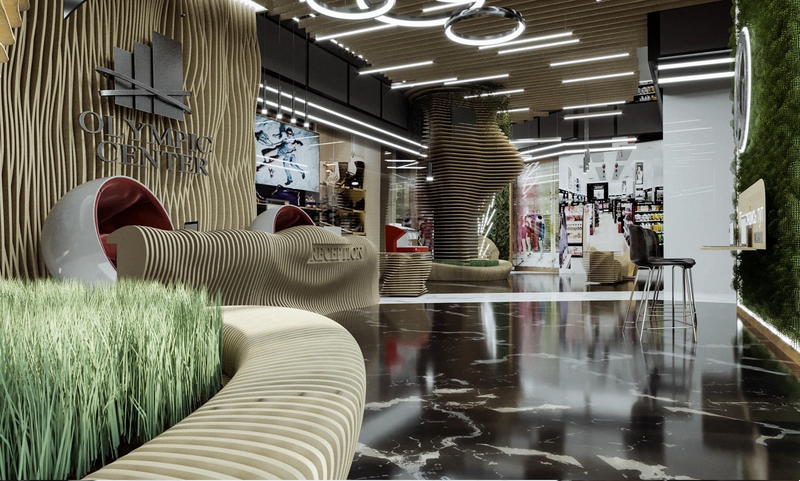 Commercial interior, shopping centre space, 3D visualisation