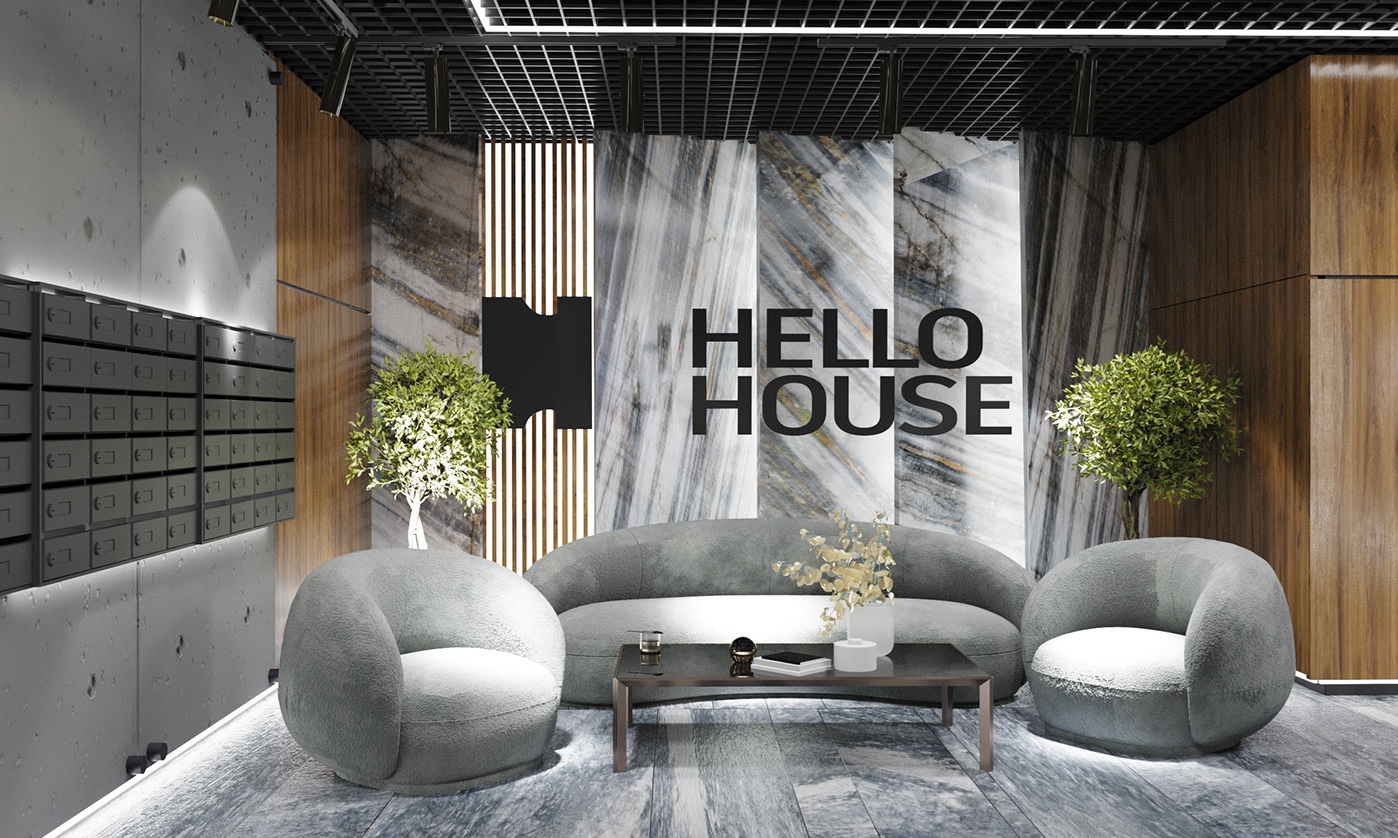 Hello House entrance group, architecture concept, 3D visualisation