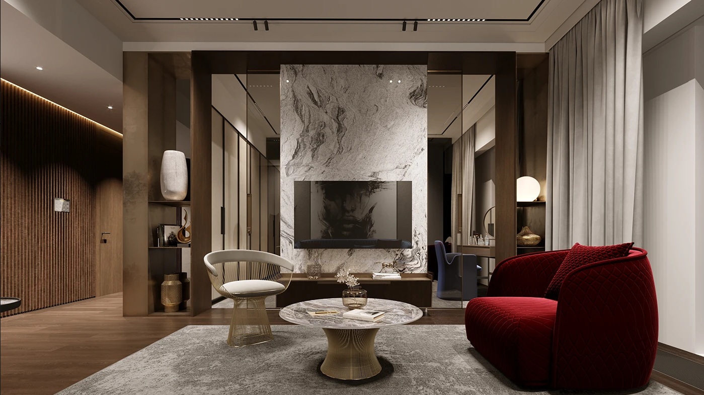 Warsaw apartment interior, living room, architectural 3D visualisation